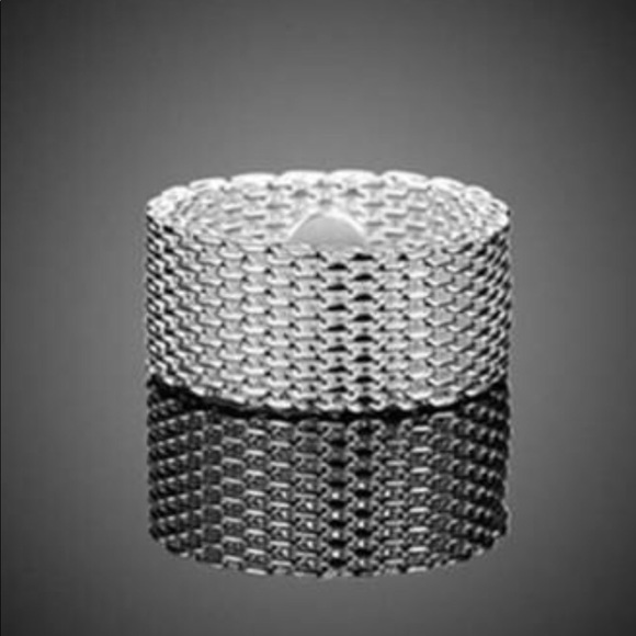 Sterling Silver Plated Woven Mesh Band Ring - Picture 3 of 10